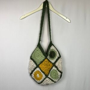 Handmade Crochet Granny Square Patchwork Shoulder Bag Green Yellow Boho Tote